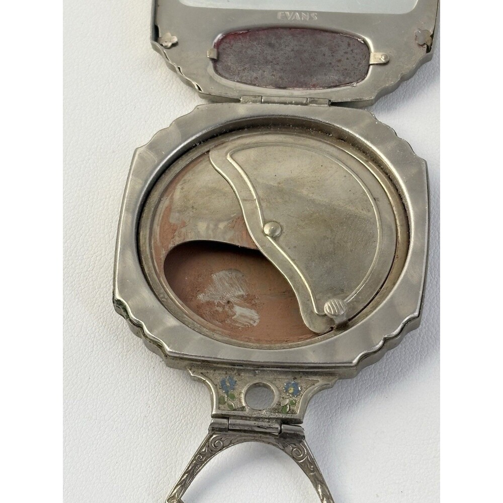 Evans 1920’s Art Deco Silver Metal Mirror Compact Guilloche Enamel With Stand - Picture 6 of 11